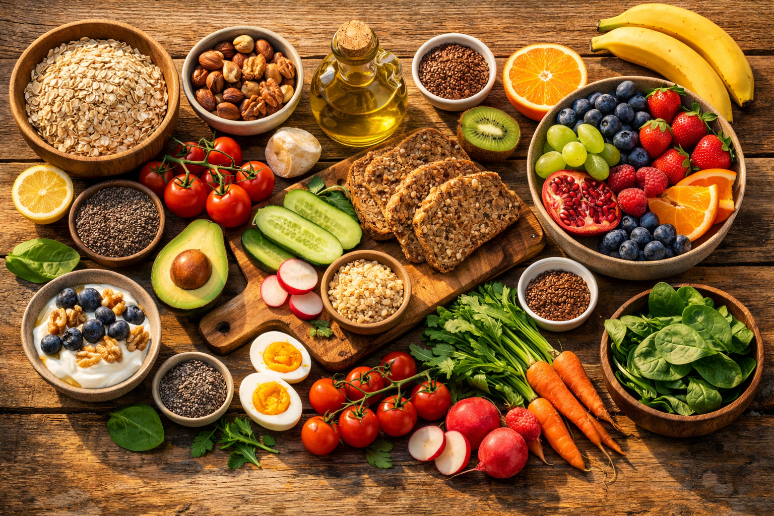 healthy breakfast table with fresh vegetables, whole grains, nuts, olive oil, and colorful fruits arranged naturally on rustic wooden surface, warm morning light, top view